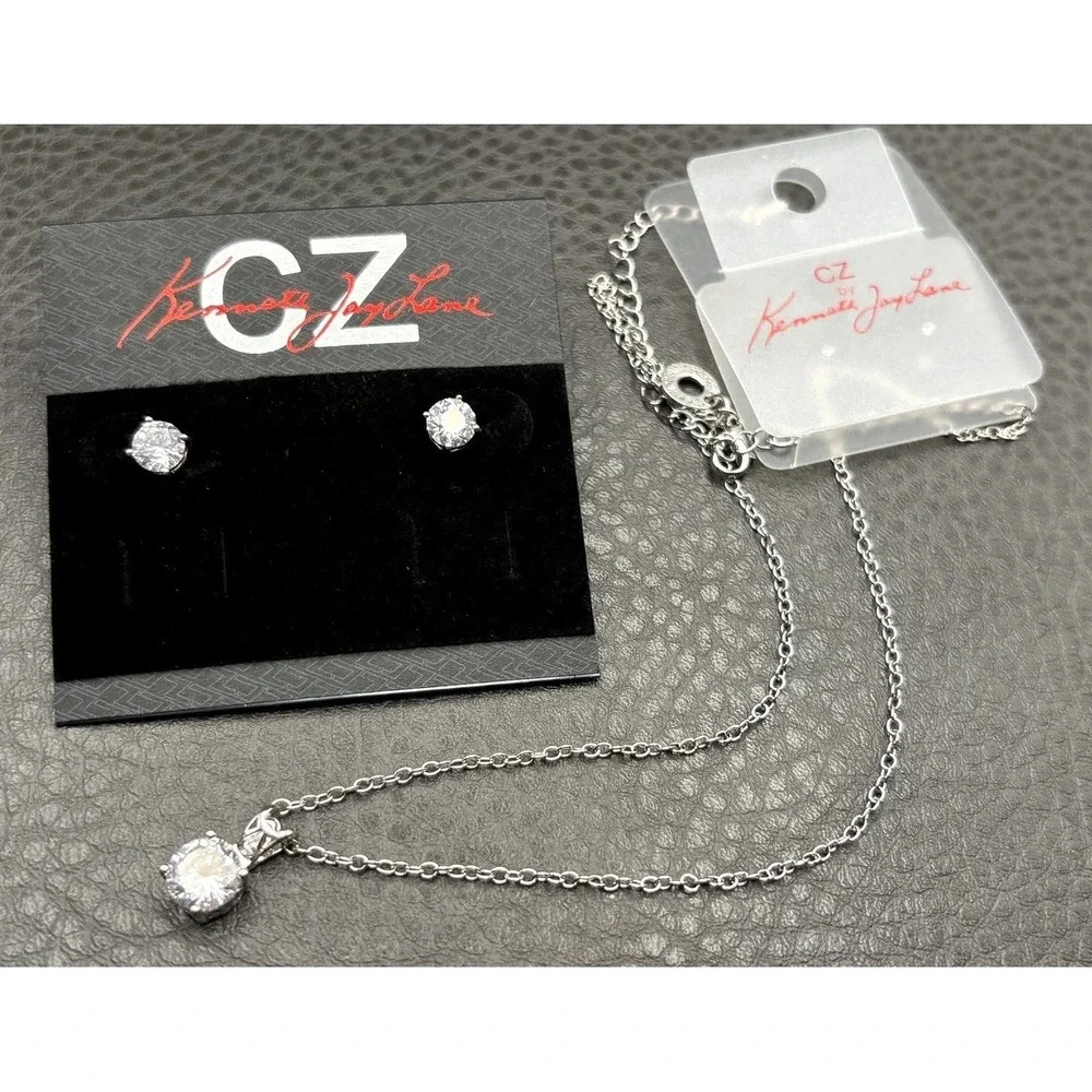 Kenneth Jay Lane CZ Crystal Silver Tone Pendant Necklace & Stud Earrings Set